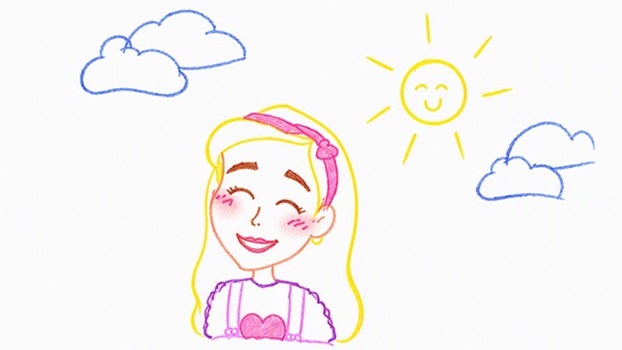 Ilustración estilo boceto de retrato caricaturesco con cabello largo, nubes decorativas y sol dibujado a mano sobre fondo claro