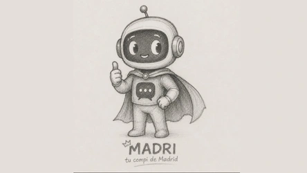 Ilustración de robot caricaturesco con capa y gesto de aprobación, acompañado del texto "MADRI, tu compi de Madrid".