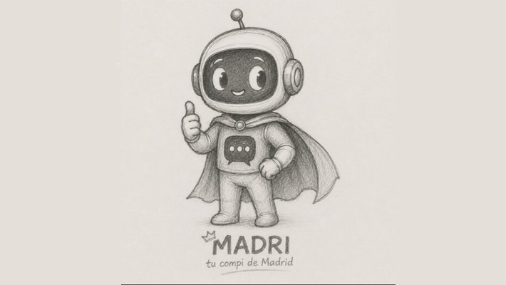 Ilustración de robot caricaturesco con capa y gesto de aprobación, acompañado del texto "MADRI, tu compi de Madrid".