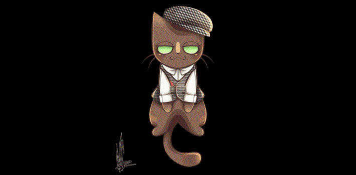 Ilustración de gato antropomórfico con gorra, chaleco de cuadros y ojos verdes sobre fondo negro