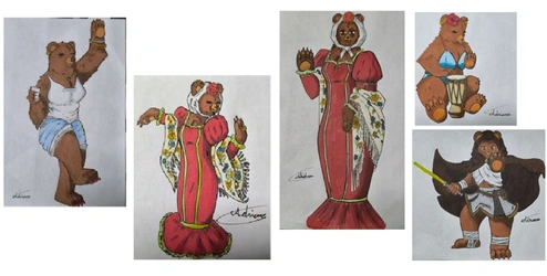 Colección de dibujos de osos antropomórficos con vestimentas tradicionales, modernas y de fantasía