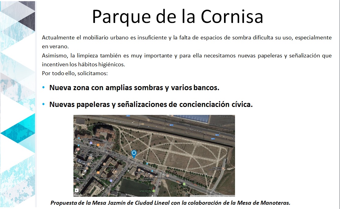 Zona con sombras, bancos y papeleras