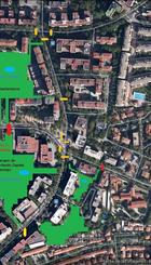 Santamarca - Parques y semáforos existentes y pasos peatones propuestos (rojo)