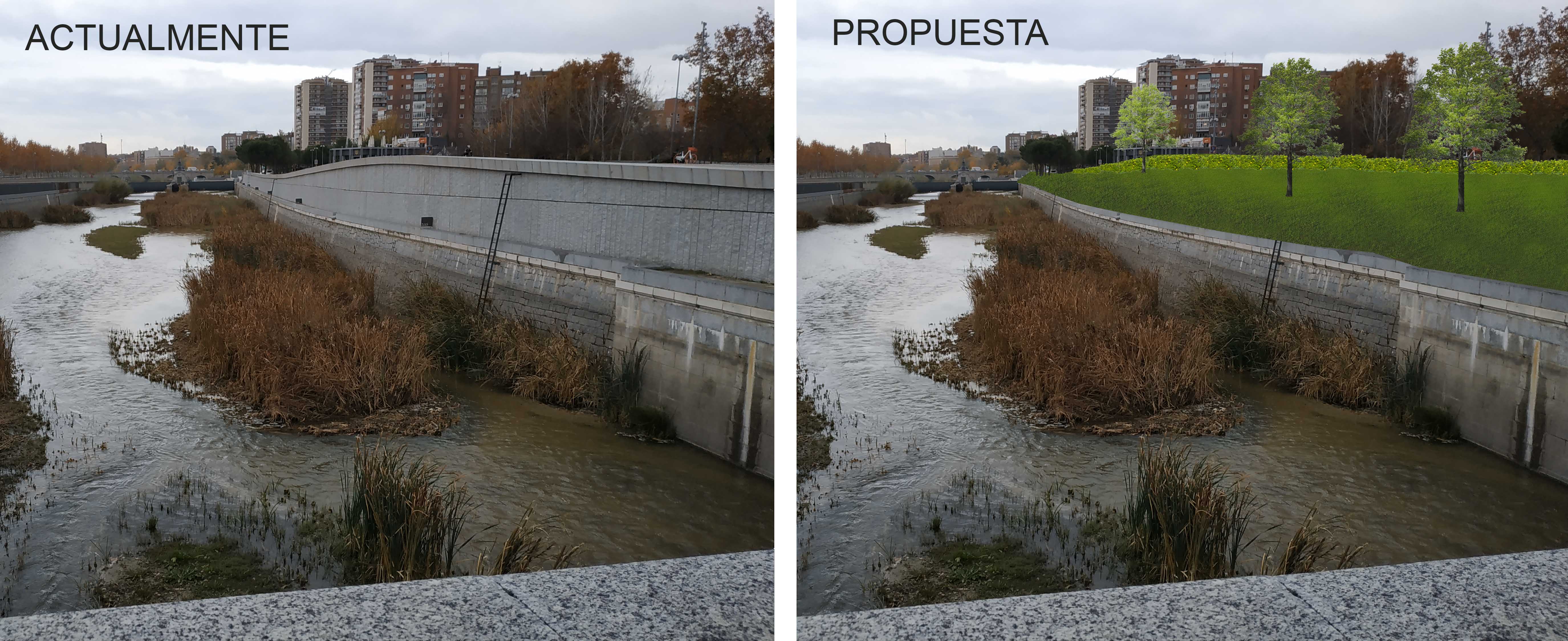 Vista desde el puente del Rey. Estado actual a la izq, propuesta a la derecha