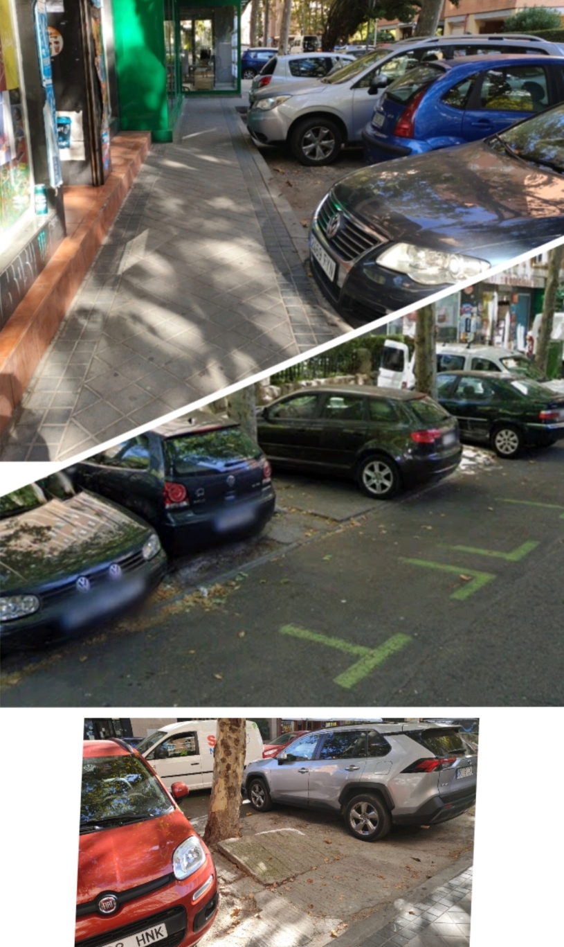 Acera estrecha. Plazas de parking sobredimensionadas y deterioradas