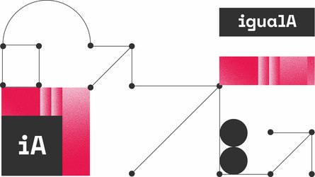 Imagen decorativa textual de IGUALA, que es un Índice Territorial de Vulnerabilidad, agregado e inteligente. La imagen se representa a través de dos logotipos, iA e igualA, y de elementos gráficos sencillos como flechas, círculos y paralelogramos con degradados en color rojo y gris.