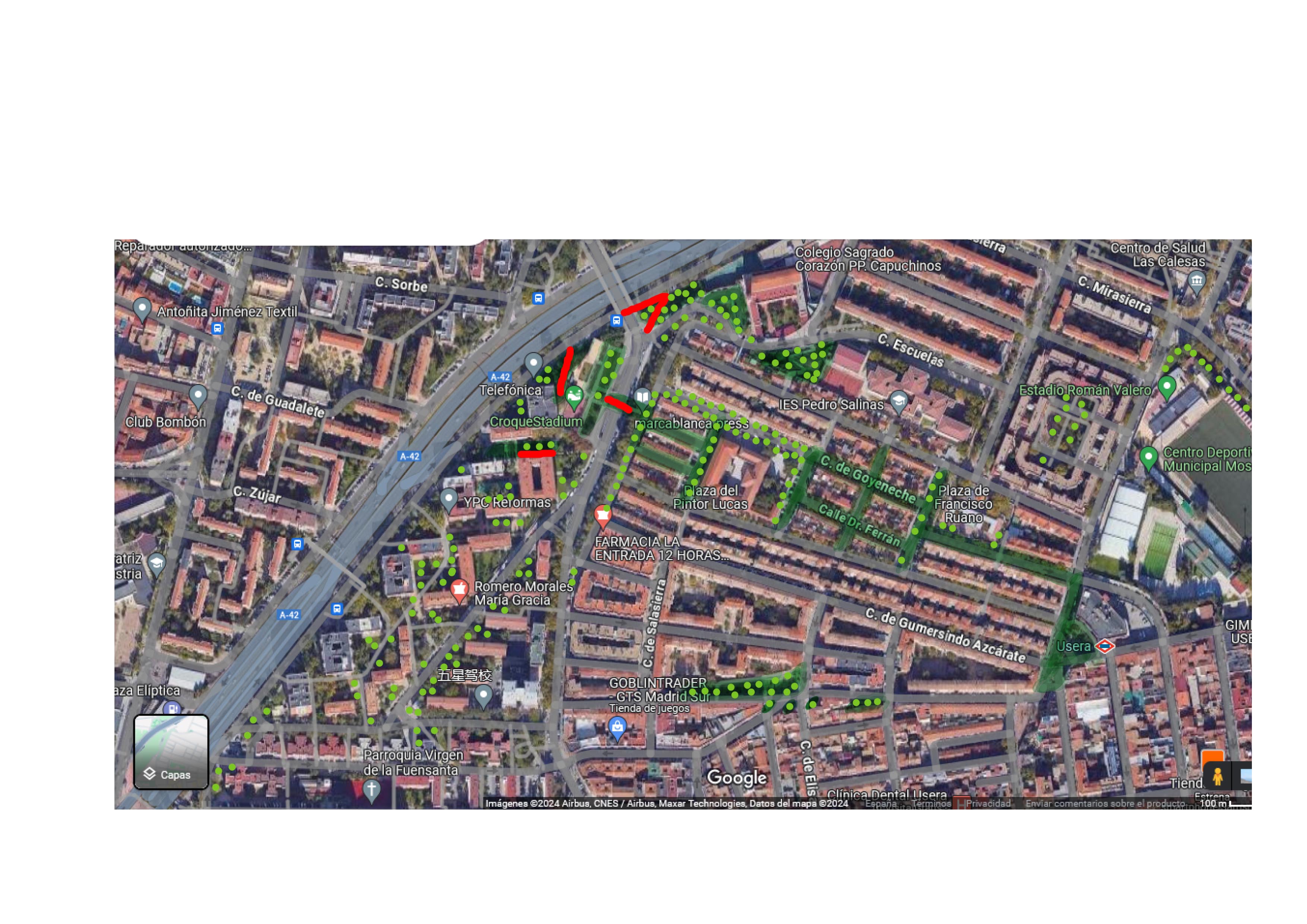 Propuesta de actuaciones (arbolado puntos, accesibilidad rojo y preferencia peatonal verde)