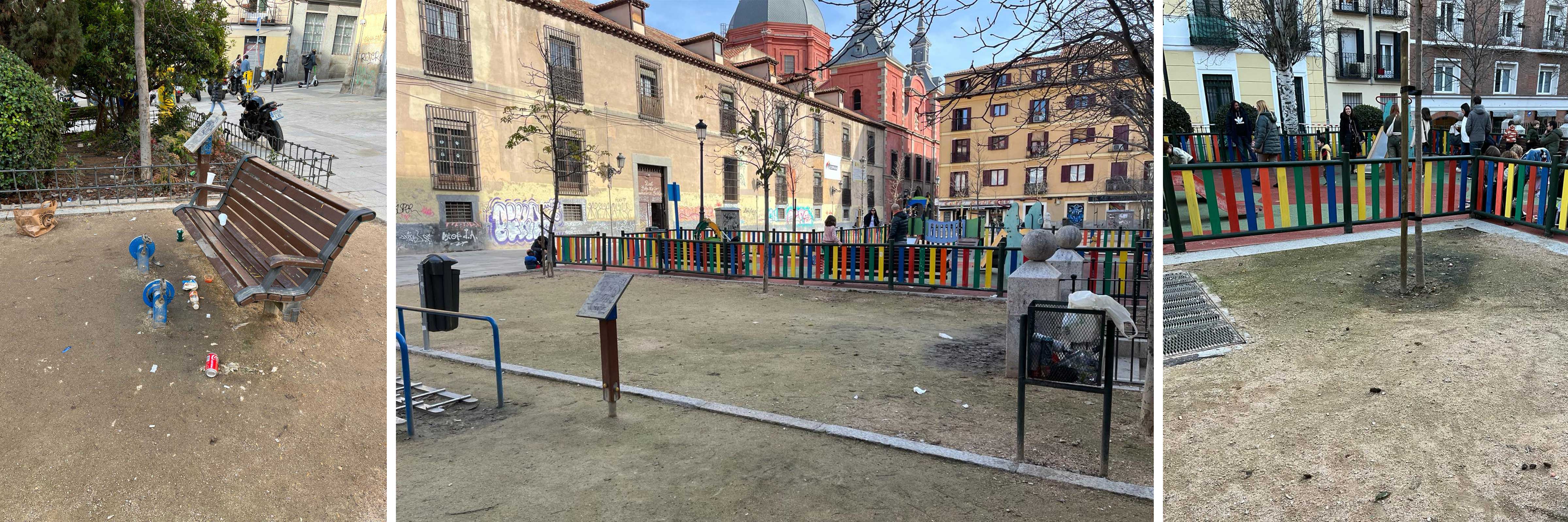 Parque infantil pequeño, obsoleto y rodeado de suciedad