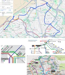 Mapa de calles de la línea de Bus Rapid, y correspondencia con planos de cercanías y metro.