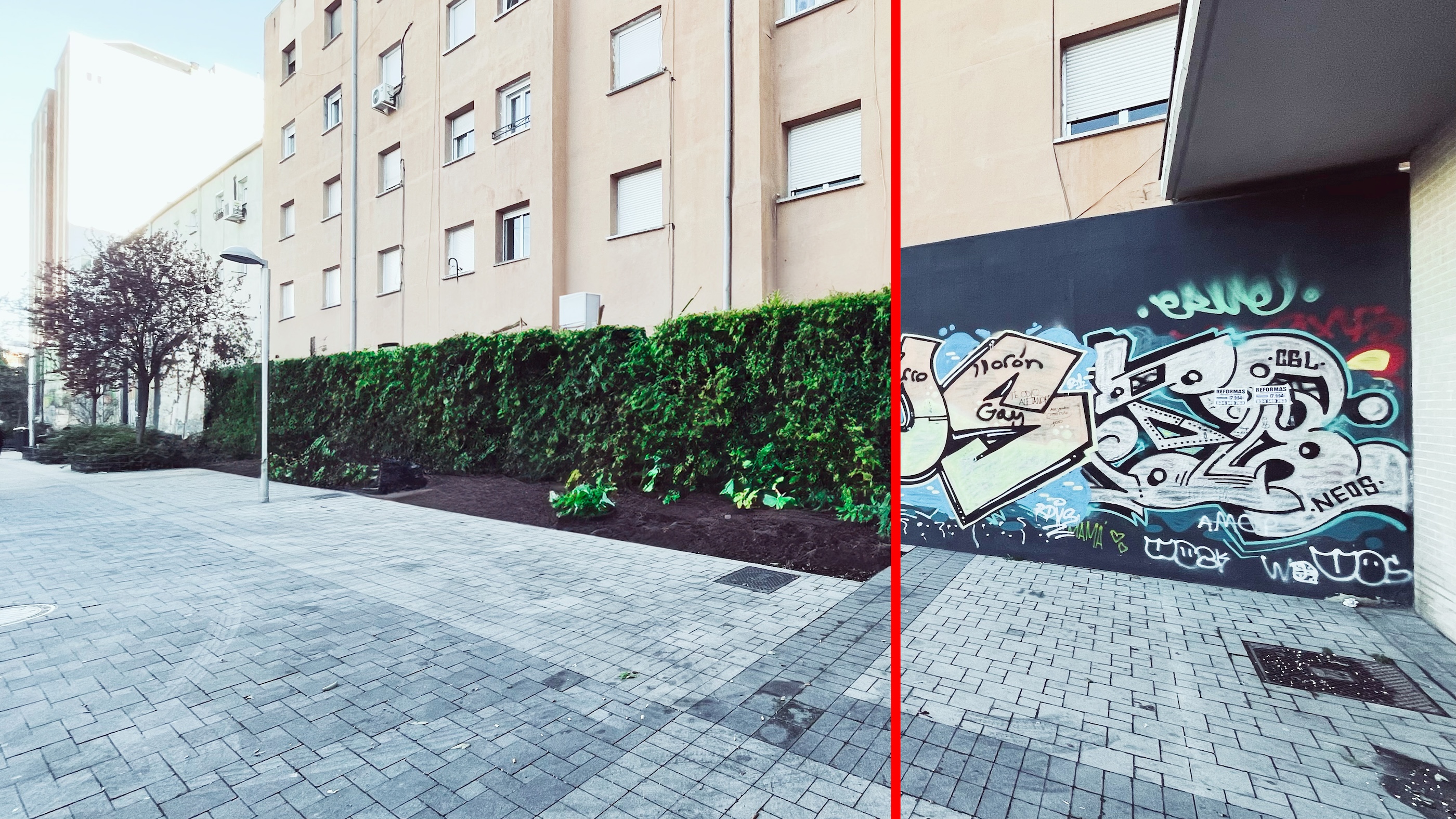 Antes y después en los muros de acceso de la Plaza Nueva de Bravo Murillo 107