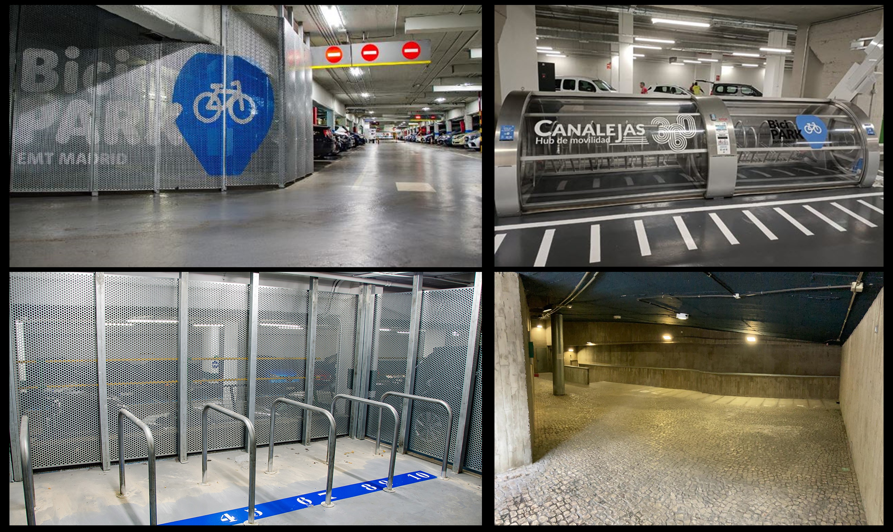 Ejemplos de instalaciones BiciPARK en parkings de Madrid gestionados por la EMT. En la esquina inferior derecha se muestra el gran espacio sin uso ubicado en la entrada peatonal del parking de Agustín Lara (Lavapiés).