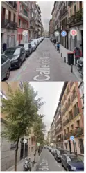 Arriba la calle Monteleón sin árboles. Abajo calle aledaña del centro con misma anchura y arbolada. 