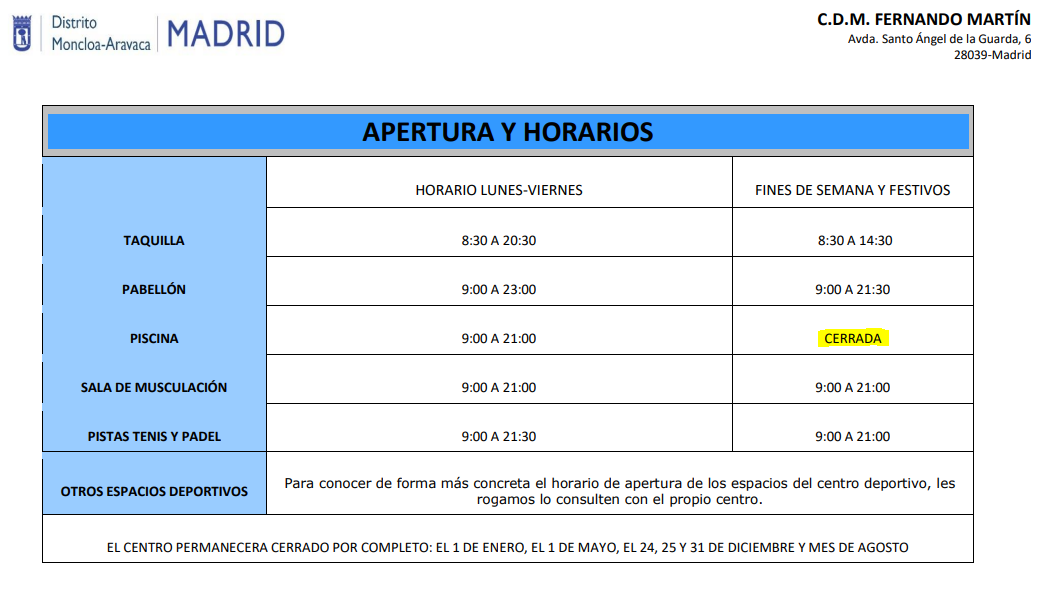 Horarios actuales de las actividades de la piscina cubierta del Fernando Martín