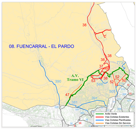 Carriles bici actuales en la zona en cuestión