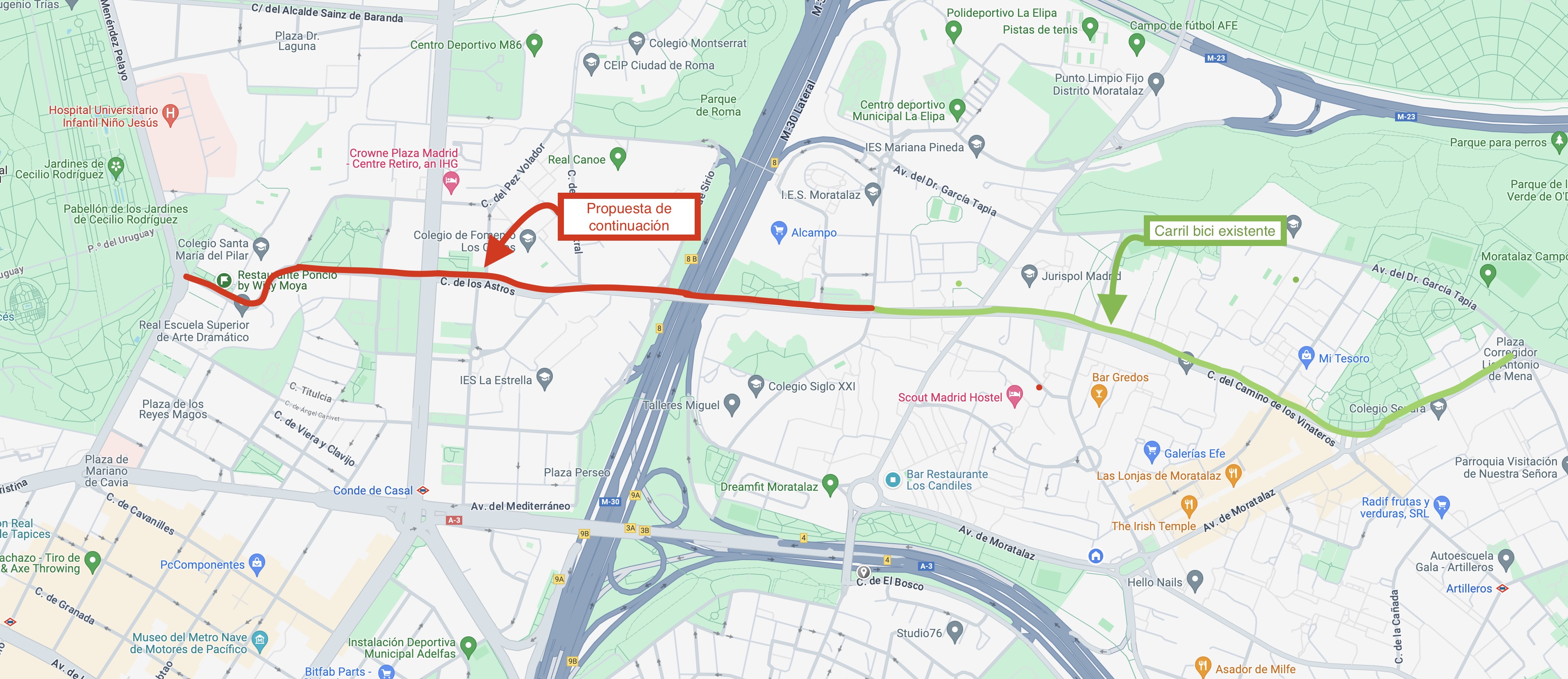 mapa donde se visualiza la propuesta de extensión del carril bici