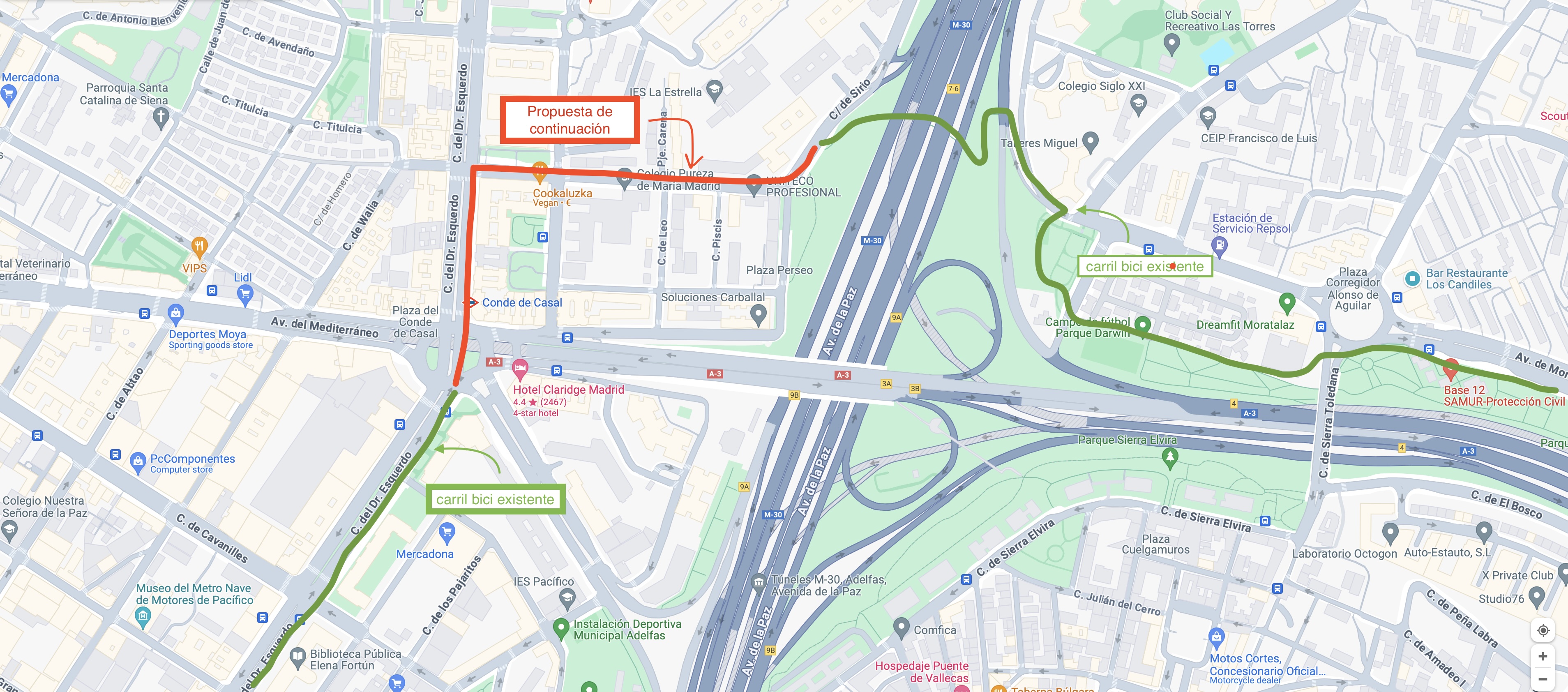 mapa donde se dibuja la propuesta de extensión de carril bici
