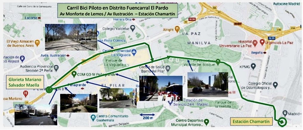 Esquema de la conexión del carril bici de la Avda de la Ilustración con el carril bici propuesto en Monforte de Lemos y la Estación de Chamartín