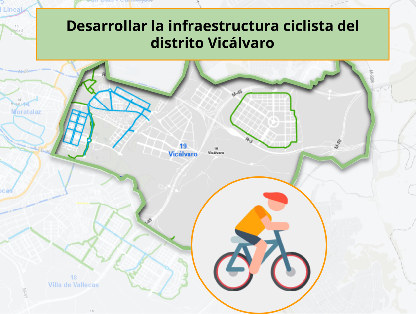 Muestra un mapa de Vicálvaro, y parte de los distritos adyacentes, donde se ve la inexistente infraestructura ciclista actual del distrito. Con un título "Desarrollar la infraestructura ciclista del distrito Vicálvaro" y una imagen una bici, sobre un círculo