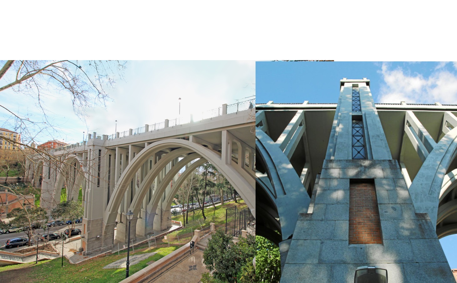 El viaducto, y detalle de los huecos originales para instalar ascensores