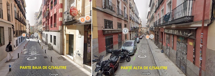 Partes baja y alta de la calle Salitre En la primera foto se puede ver la parte baja de la calle Salitre, con las aceras a nivel de la carretera, con bolardos y sin coches. En la segunda imagen se puede ver la parte alta de la calle, con aceras estrechas y elevadas, sin bolardos y con coches aparcados.