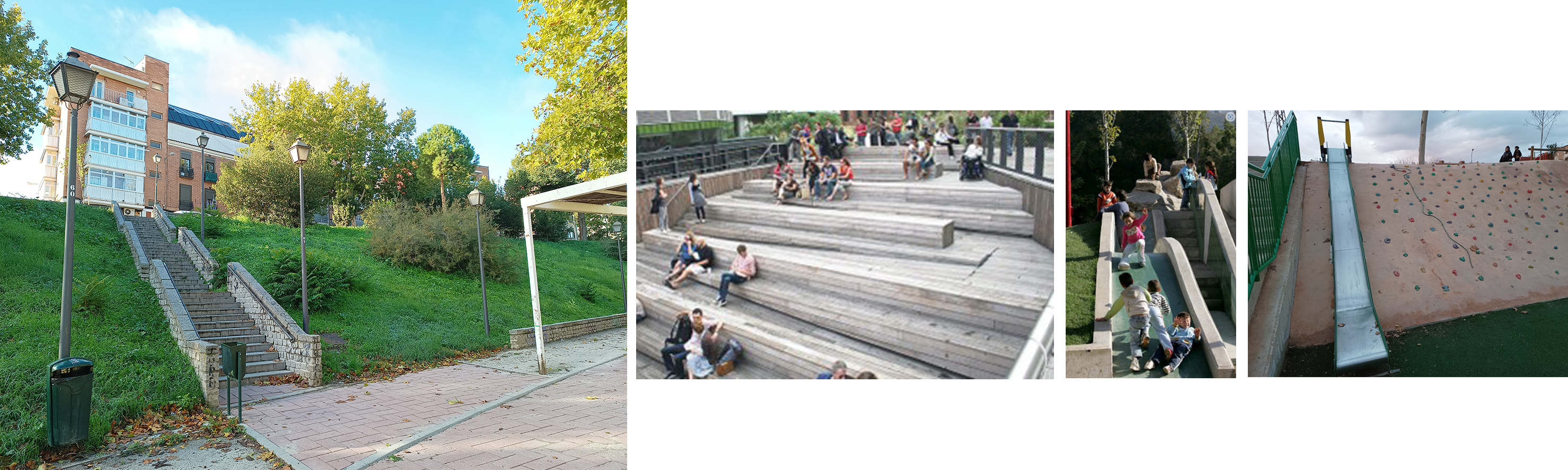 De escaleras a desnivel accesible con graderío, toboganes y rocódromo.