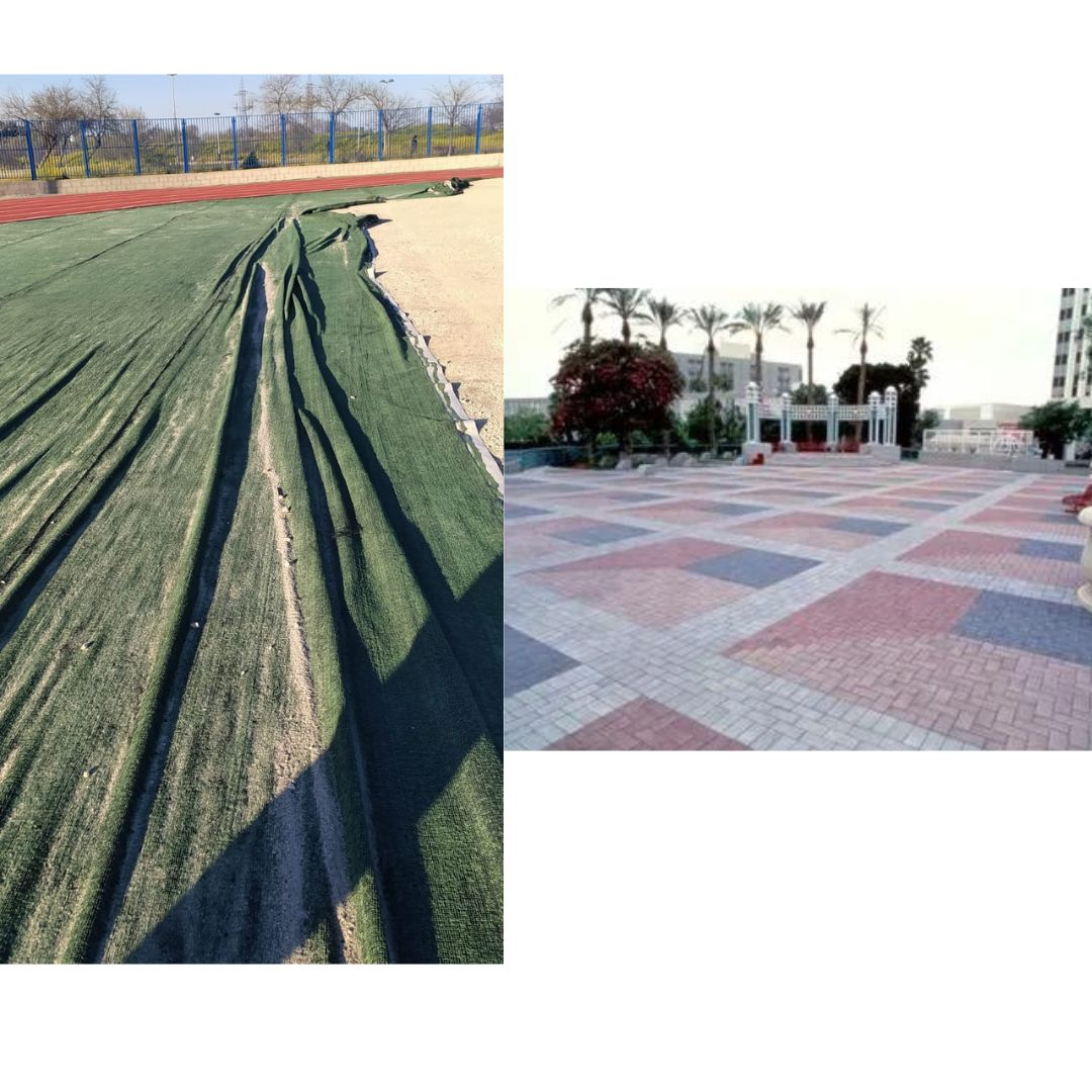 Tela verde arrugada y ejemplo de pavimento permeable