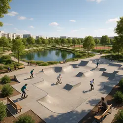Diseño de parque urbano en El Cañaveral con skate park, canchas deportivas y un lago naturalizado, rodeado de senderos, vegetación y zonas de descanso. Combina deporte, naturaleza y convivencia, fomentando la sostenibilidad y la cohesión vecinal. 