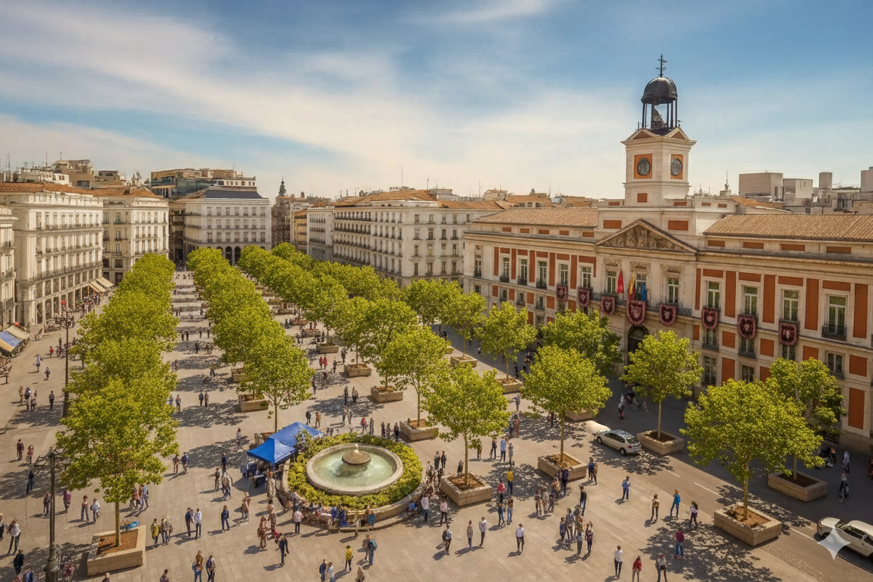 Red de árboles en jardineras de obra, dispuestos en hileras, por toda la Puerta del Sol, que proyectan corredores de sombra que, entre otras cosas, protegen  al viandante del sol y calor extremos que hacen intransitable la plaza de mayo a septiembre 