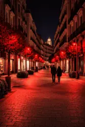 Vista nocturna de una calle peatonal del centro de Madrid con edificios históricos y pavimento iluminados por farolas de luz roja, con varias personas paseando en un entorno urbano tranquilo.