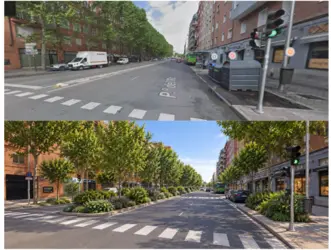 Simulación visual de una sección vial del sector sur tras la intervención. La apertura de alcorques con árboles de gran porte y la creación de parterres en las esquinas demuestran cómo las aceras anchas del barrio permiten ganar sombra y frescor sin alterar la movilidad.
Este diseño se plantea como un modelo estándar y replicable en las numerosas calles de Legazpi que actualmente presentan idénticas características y carecen de vegetación (como Enrique Goizueta, Julián Rabanedo, Teniente Coronel Noreña o Andrés de Urdaneta). Un único patrón de actuación técnica para transformar el desierto de asfalto actual en un entorno residencial saludable y preparado para los veranos del futuro.
