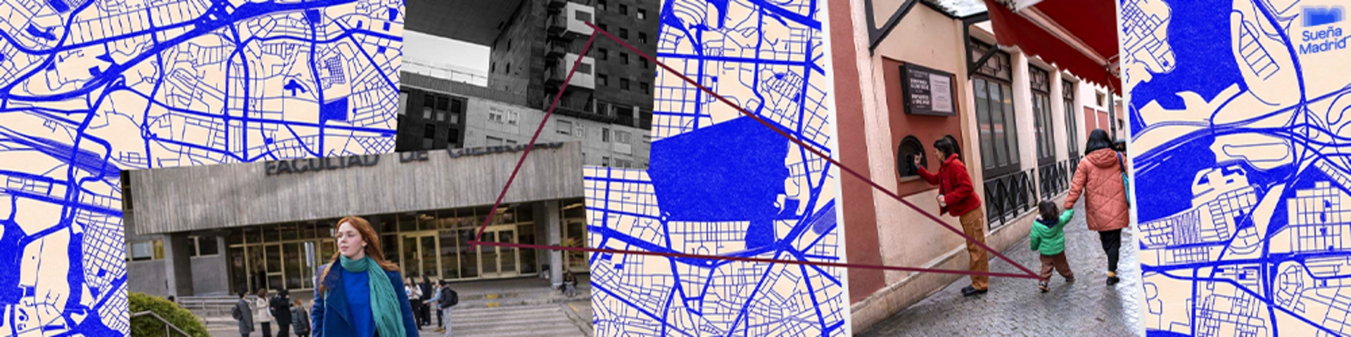 Collage de mapas, edificios y recorridos urbanos